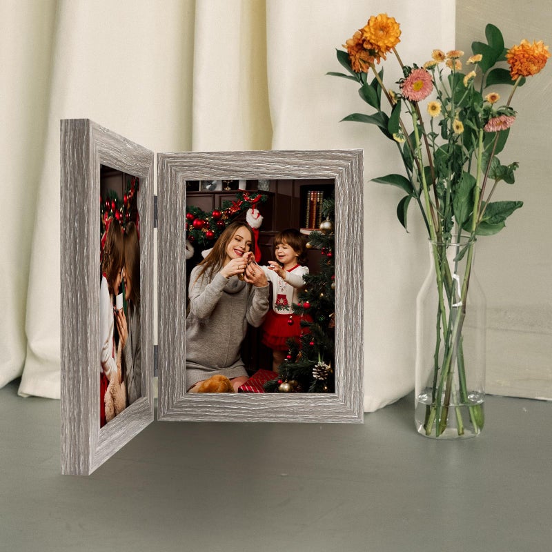Frametory, 5x7 Double Picture Frame - Real Glass Hinged 2 Photos Collage, Desktop Picture Frame Standing Vertical (Grey, 1 Pack) - Image 4